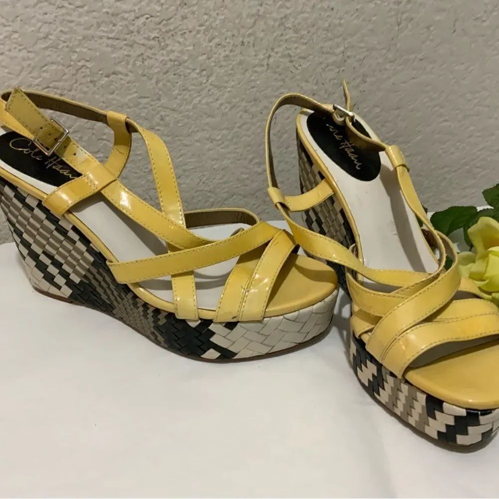 Cole Haan Air Cream Black Leather Platform Wedge Sandals Shoes Women's 10 B